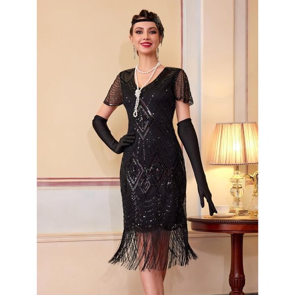 1920s Flapper Dress Sheer Beaded Sleeves Vintage Inspired Costume with Accessori - Picture 5 of 7